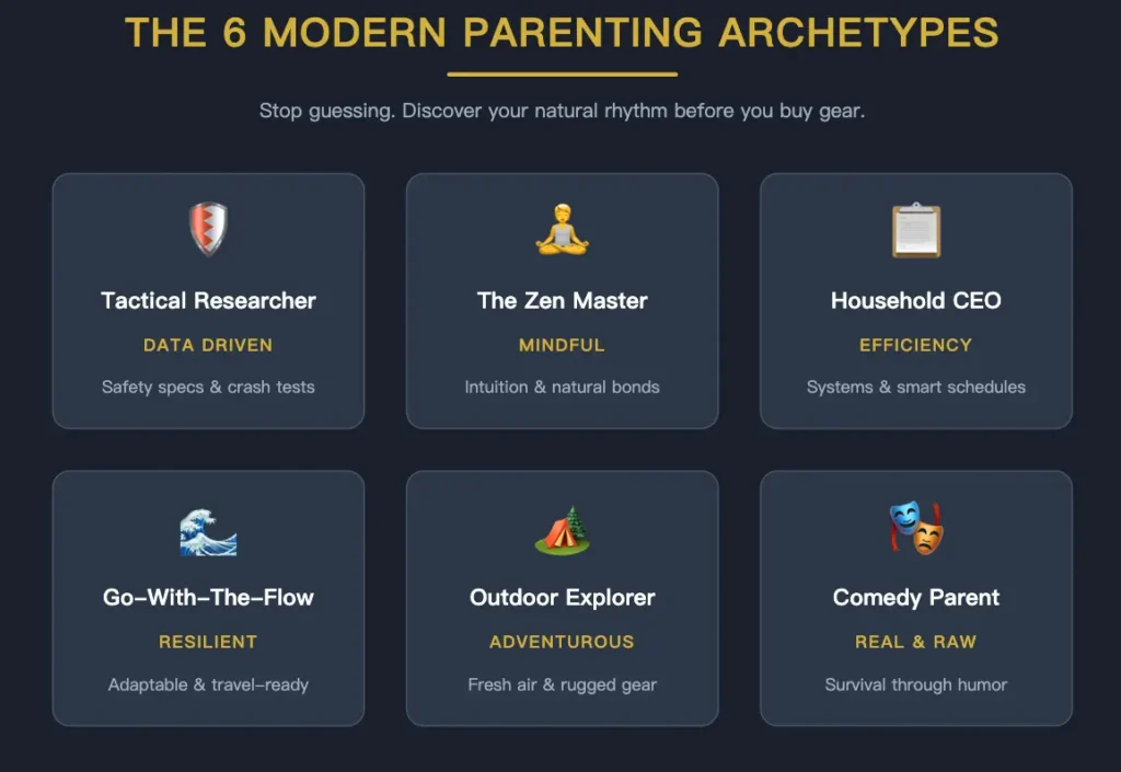 Visual guide answering 'what kind of parent will I be' by showing the 6 modern types of new parents (Tactical, Zen, CEO, Flow, Explorer, Comedy) to help you prepare for the ultimate parenting style quiz.