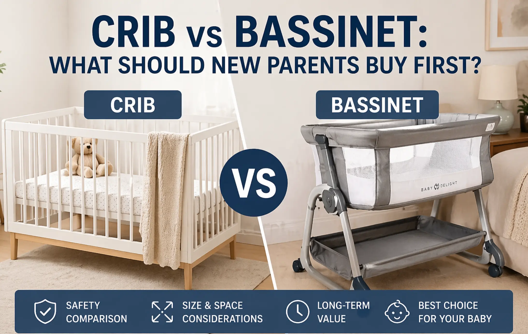 Crib vs bassinet comparison with crib and bedside bassinet for new parents