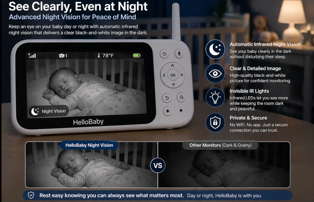 HelloBaby video baby monitor night vision view in nursery at night