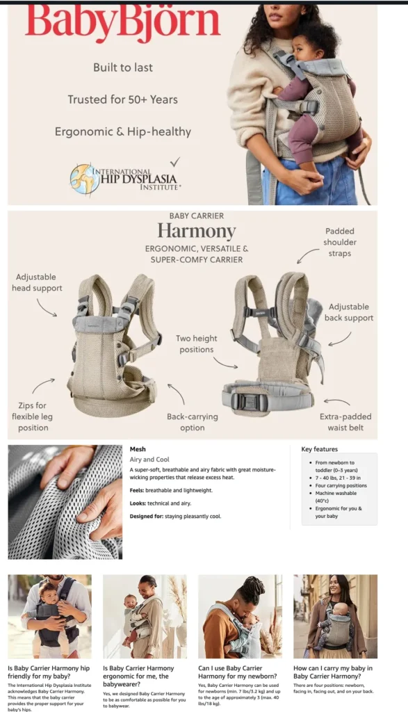 Close-up of the front-facing buckles on the BabyBjörn Harmony carrier for easy solo use.