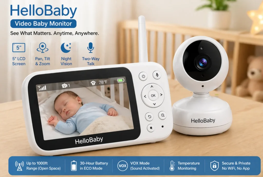HelloBaby video baby monitor with 5 inch screen and camera in nursery setting
