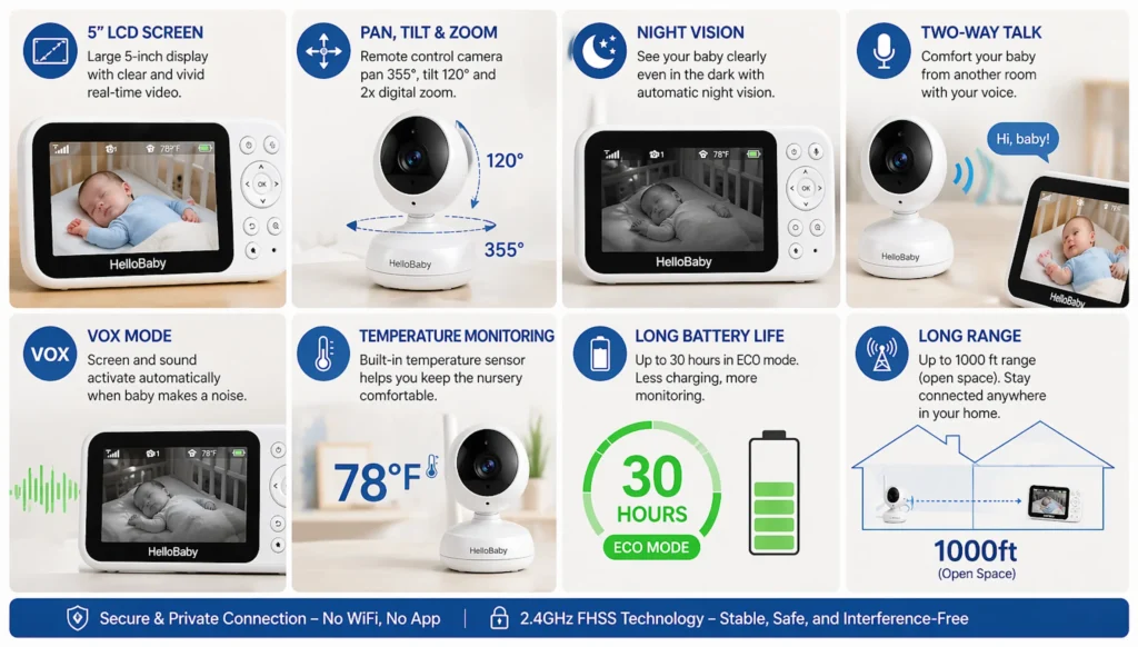 HelloBaby video baby monitor features including pan tilt zoom night vision VOX mode and long battery life