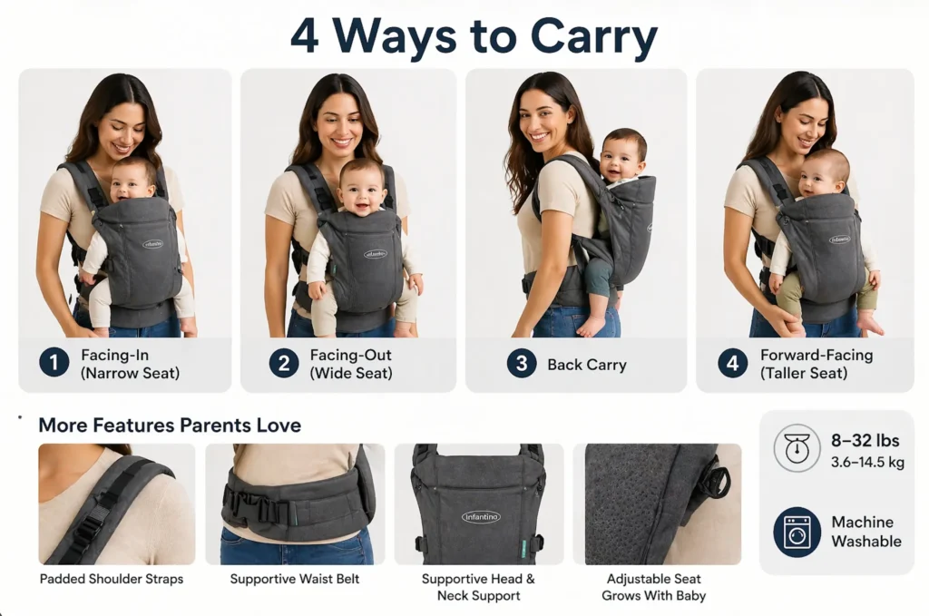 structured baby carrier with 4 carry positions and supportive fit