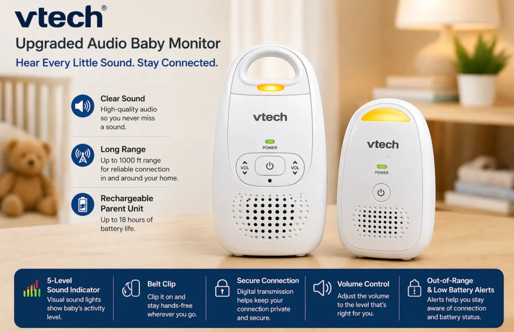 VTech audio baby monitor with parent unit and baby unit in nursery setting