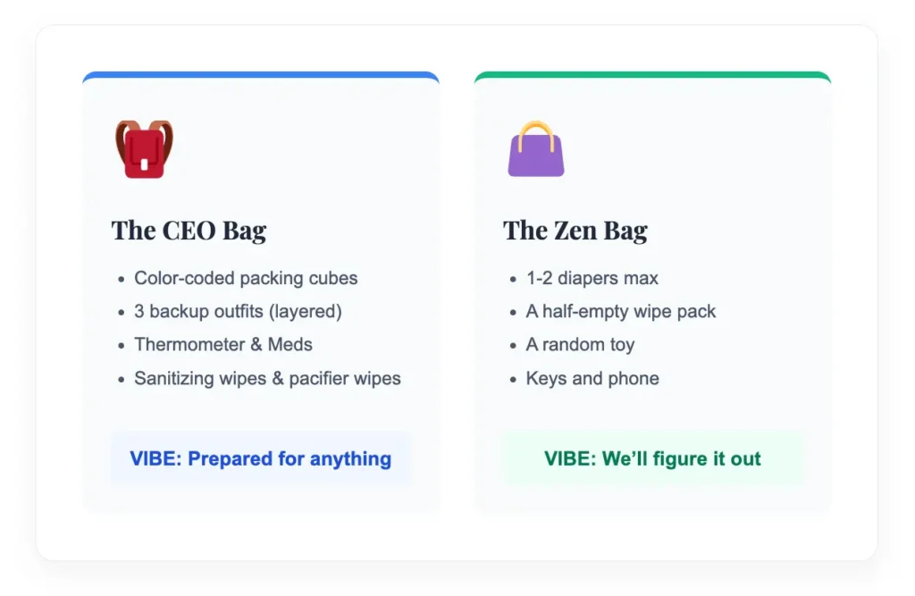 A side-by-side diaper bag comparison showing the CEO bag versus the Zen bag to help determine what type of parent are you in real life.