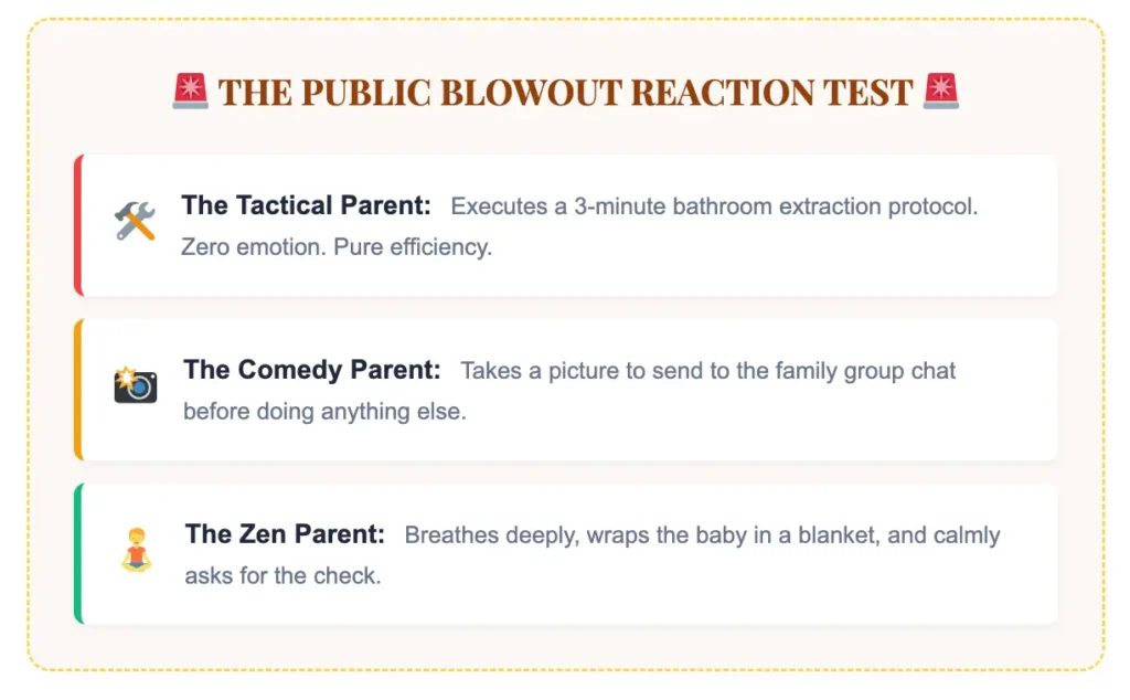 A chart titled The Public Blowout Reaction Test showing how Tactical, Comedy, and Zen parents react to help you figure out what type of parent are you.
