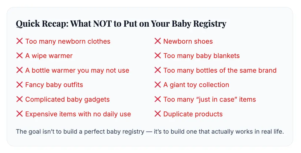 baby registry mistakes checklist showing what not to put on a baby registry