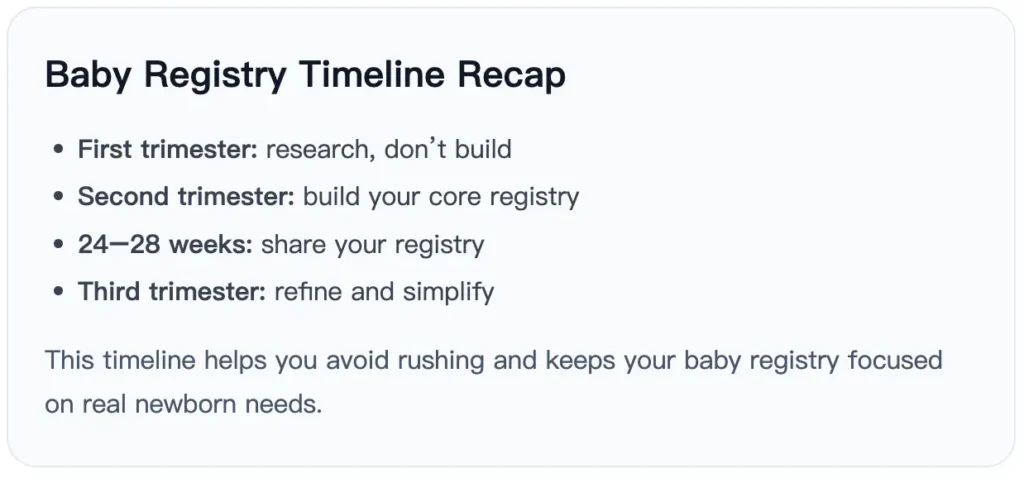 baby registry timeline recap first second third trimester checklist summary