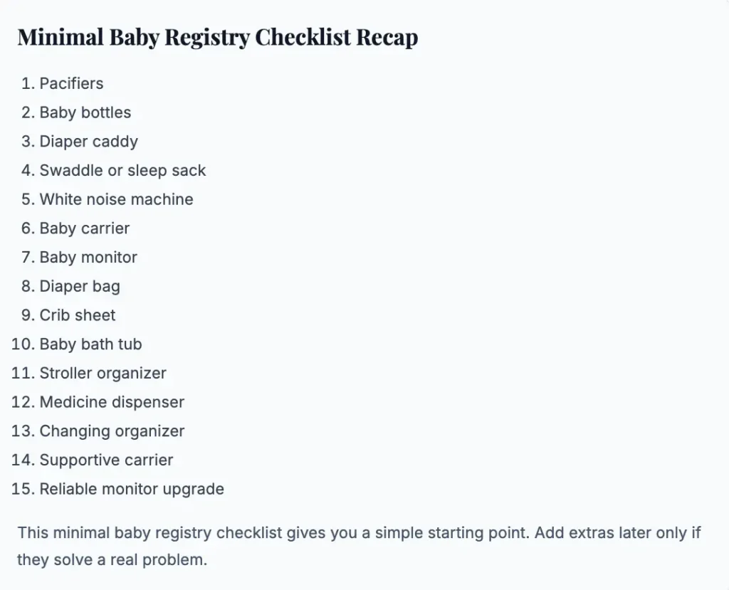 minimal baby registry checklist recap with 15 newborn essentials
