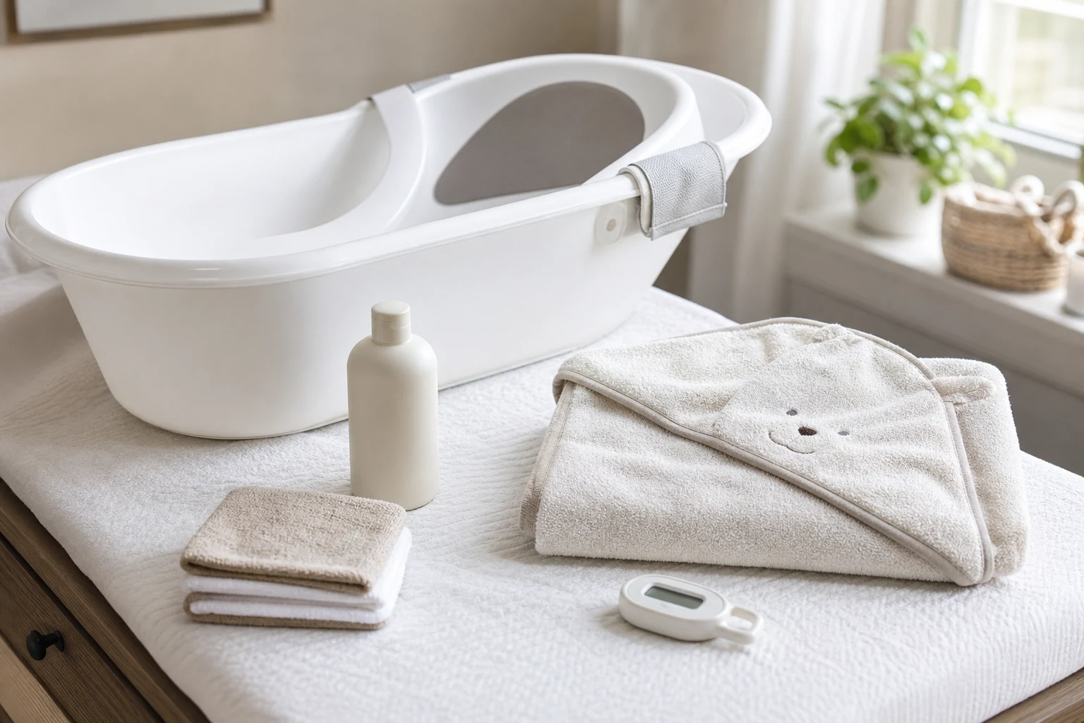 Newborn bath essentials with baby bath tub hooded towel washcloths and water thermometer