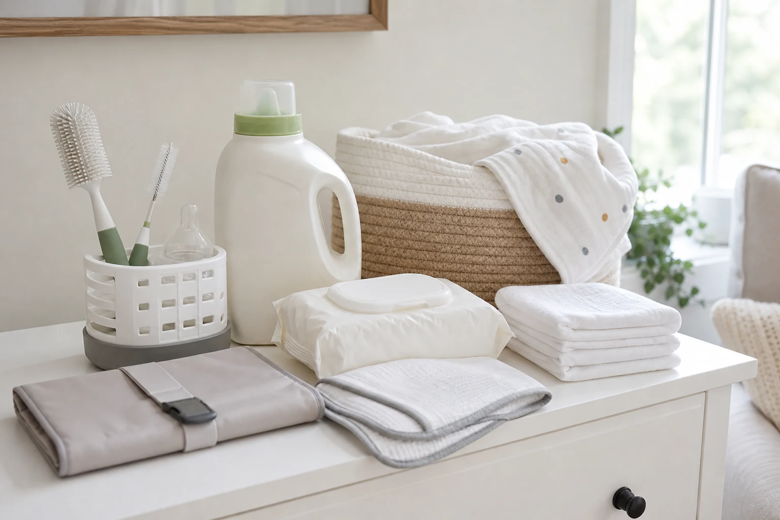 Newborn cleaning essentials with laundry detergent bottle brush wipes washcloths and changing pad