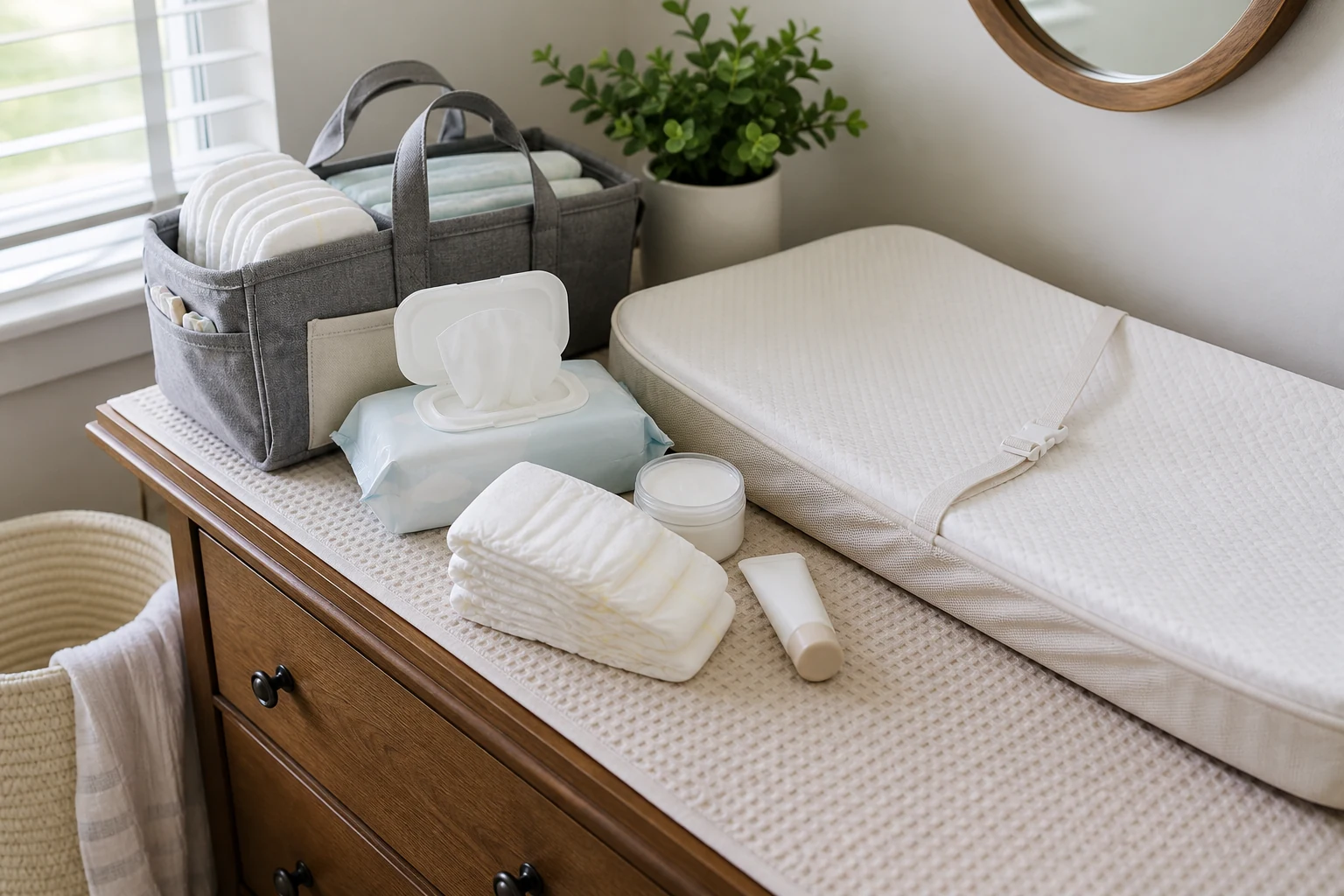 Newborn diapering essentials with diapers wipes diaper cream changing pad and caddy