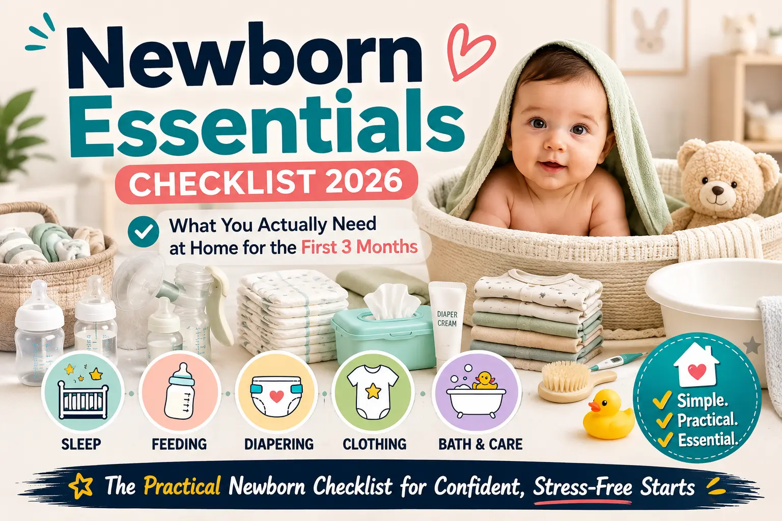 Newborn essentials checklist 2026 with sleep feeding diapering clothing and bath care items