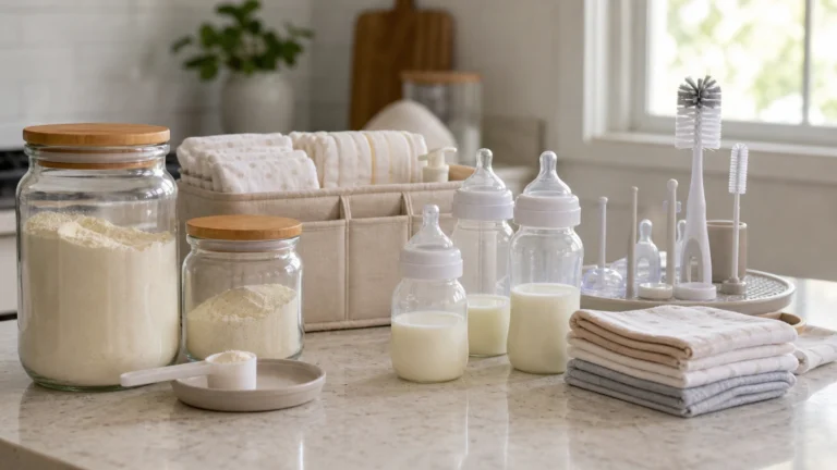 Newborn essentials for formula feeding with baby bottles bottle brush drying rack burp cloths and feeding caddy