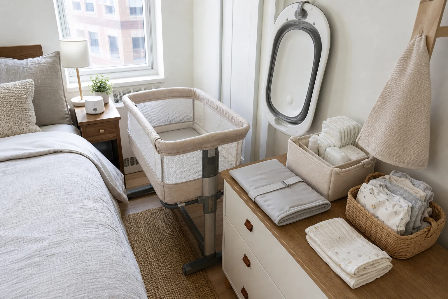 Newborn essentials for small apartment with bassinet diaper caddy changing pad and compact bath storage