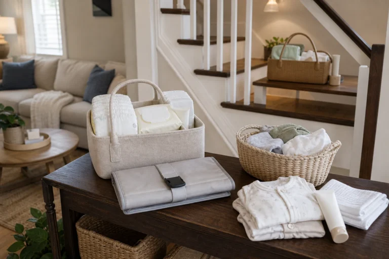 Newborn essentials for upstairs downstairs with diaper caddy changing pad wipes burp cloths and backup outfit