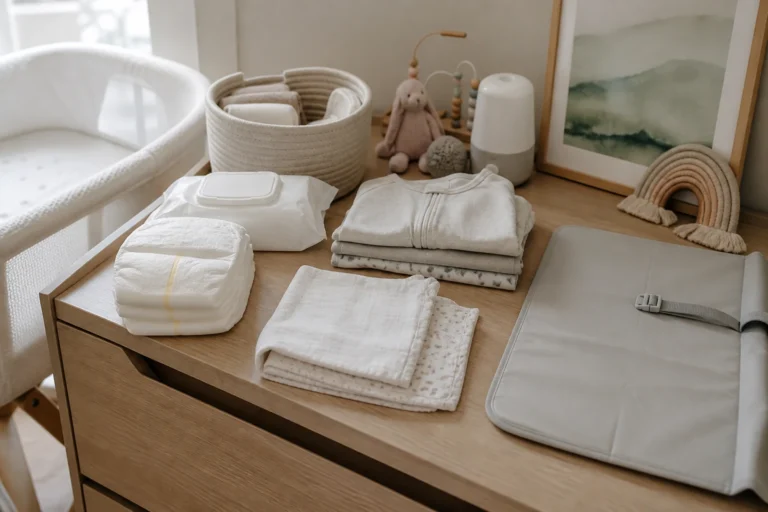 Newborn essentials vs nice to haves arranged on a nursery changing table