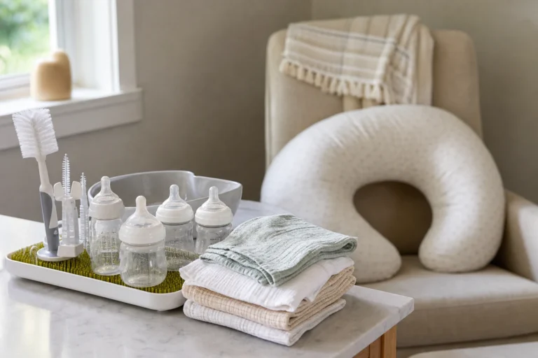 Newborn feeding essentials with bottles burp cloths bottle brush and nursing pillow