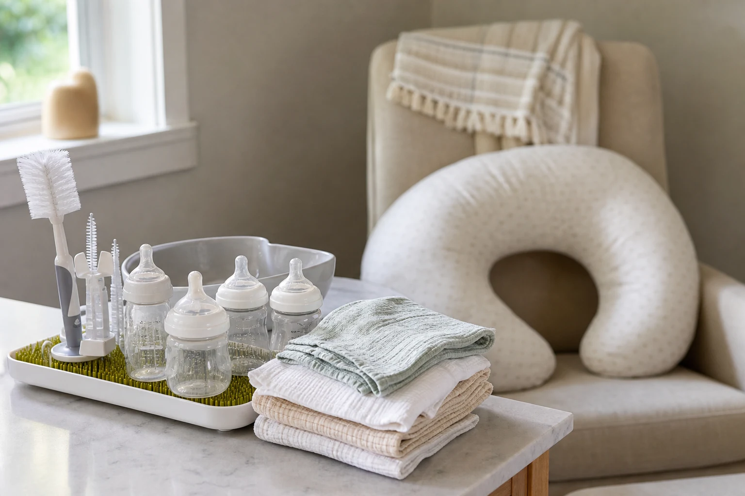 Newborn feeding essentials with bottles burp cloths bottle brush and nursing pillow