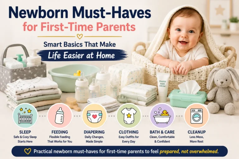 Newborn must-haves for first-time parents arranged for sleep, feeding, diapering, clothing, bath, and cleanup