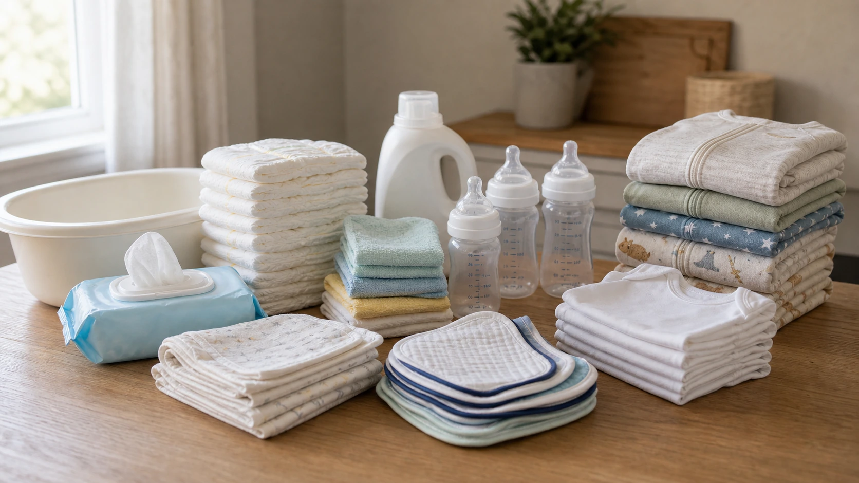 Walmart newborn essentials with diapers wipes bottles sleepers burp cloths and laundry detergent
