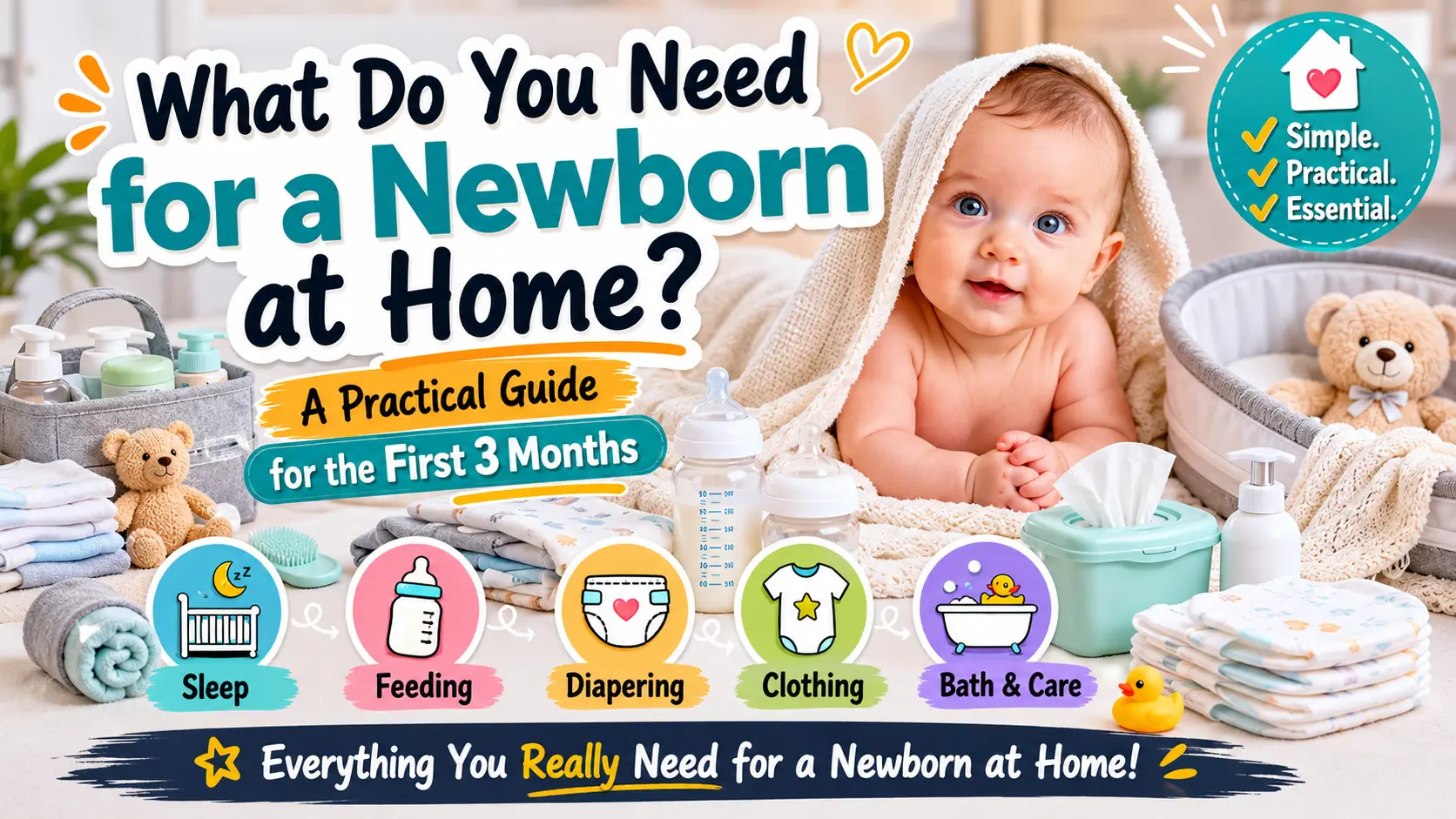 What do you need for a newborn at home with sleep feeding diapering clothing and bath essentials