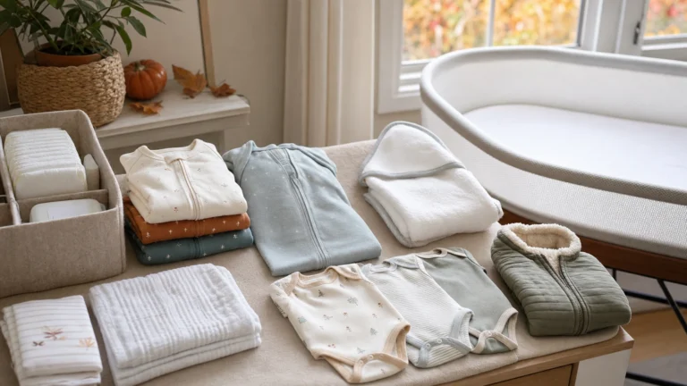Fall newborn essentials arranged in a cozy nursery for cooler nights