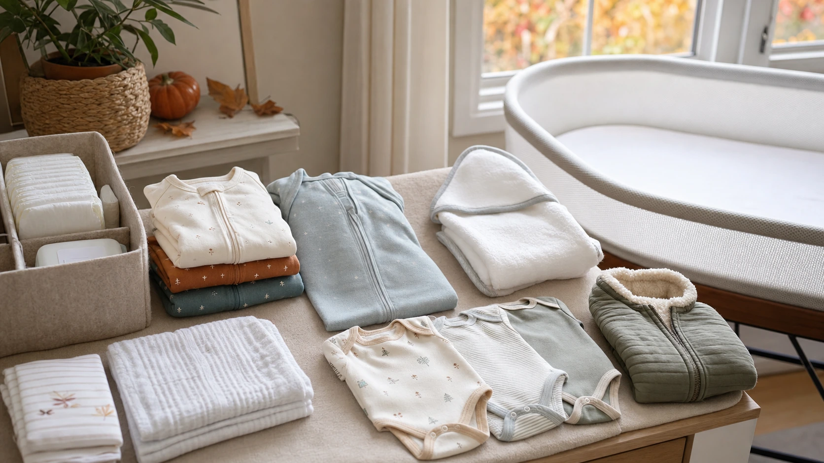 Fall newborn essentials arranged in a cozy nursery for cooler nights