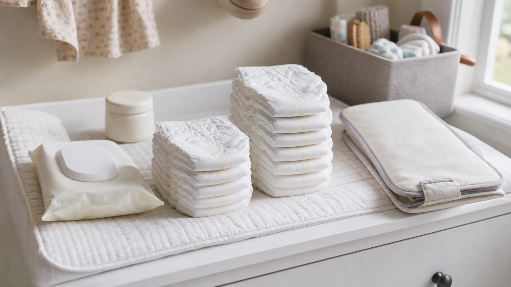 Newborn diapers too small with newborn and size up diapers on a nursery changing table