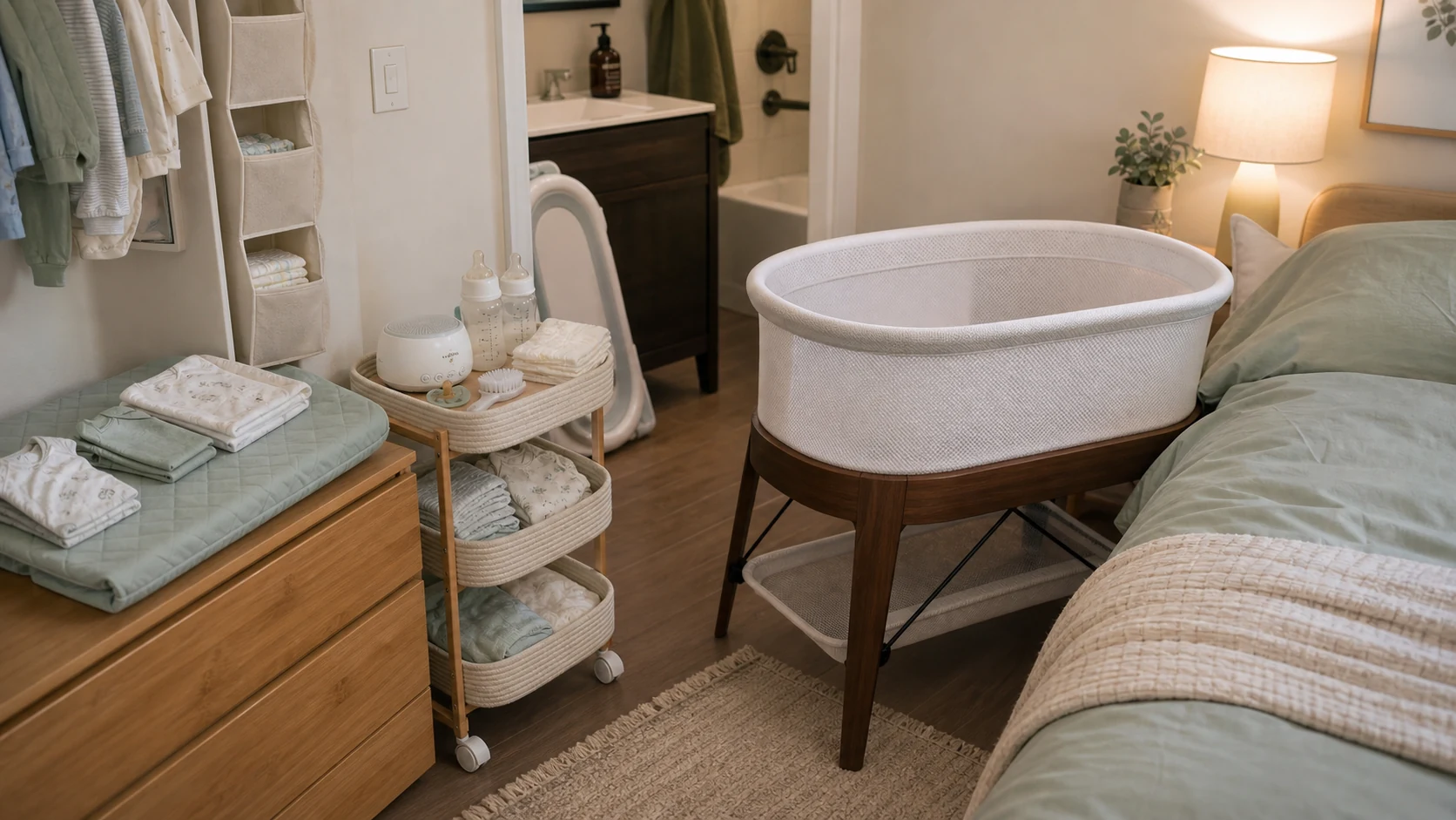 Newborn essentials for apartment living arranged in a compact nursery corner with bassinet, diaper caddy, changing pad, baby bath tub, and storage