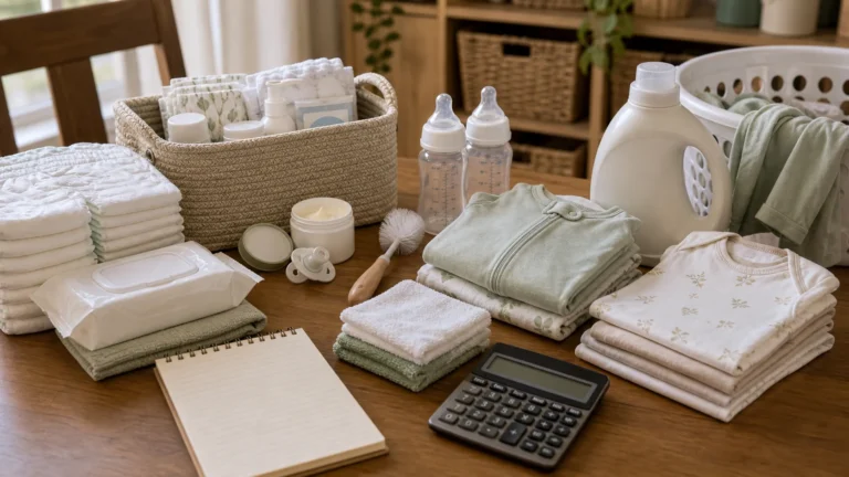 Newborn essentials for budget parents arranged with diapers, wipes, burp cloths, sleepers, bodysuits, bottles, laundry detergent, notepad, and calculator