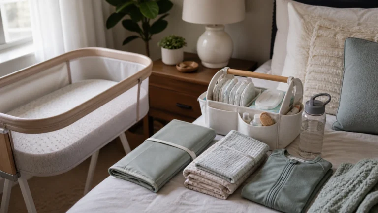 Newborn essentials for c section moms at home with bedside diaper caddy portable changing pad burp cloths and bassinet