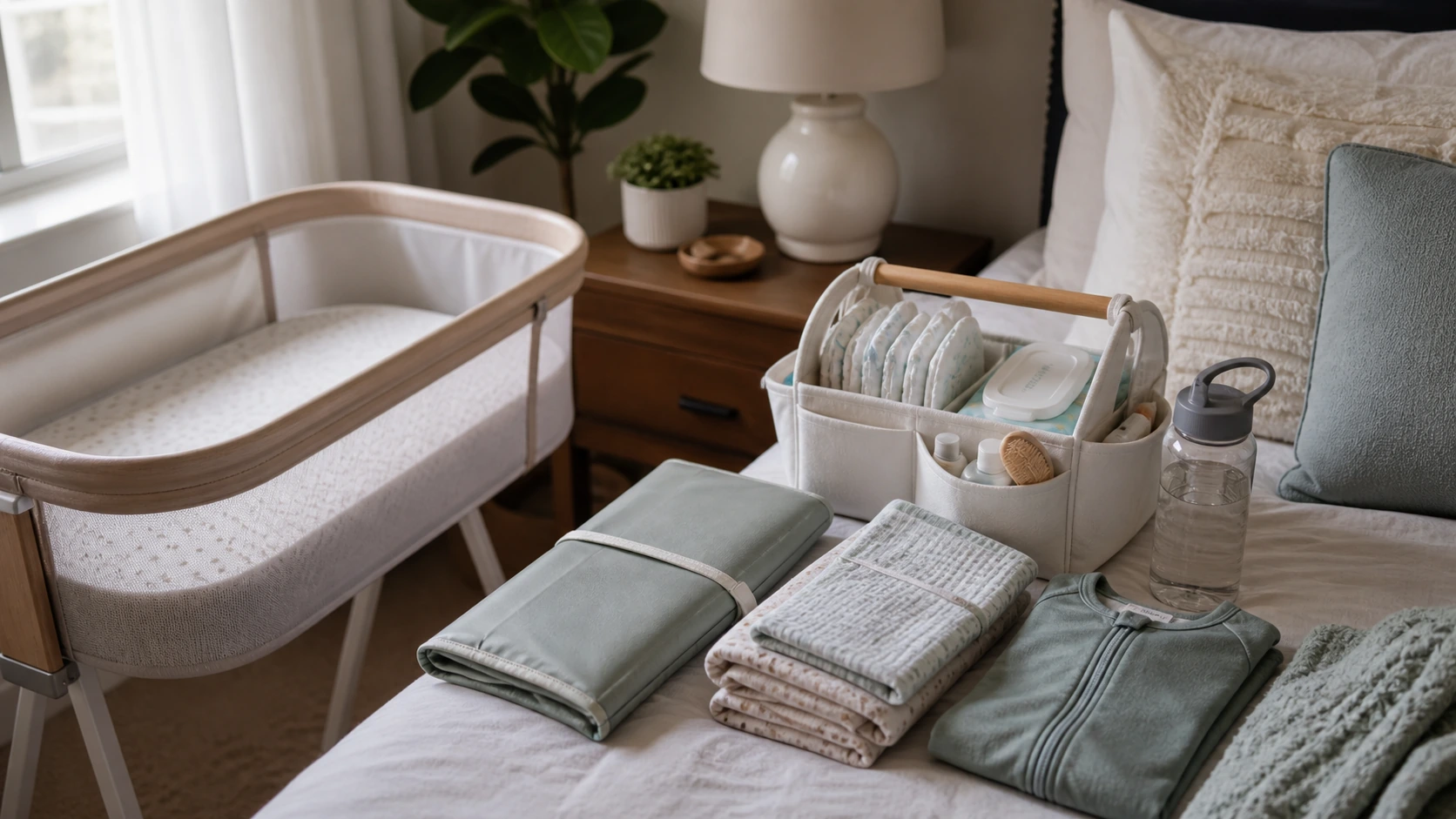 Newborn essentials for c section moms at home with bedside diaper caddy portable changing pad burp cloths and bassinet