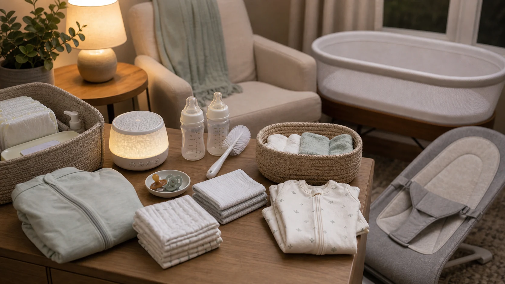 Newborn essentials for colic baby setup with white noise machine, bottles, burp cloths, swaddle sack, and safe bassinet