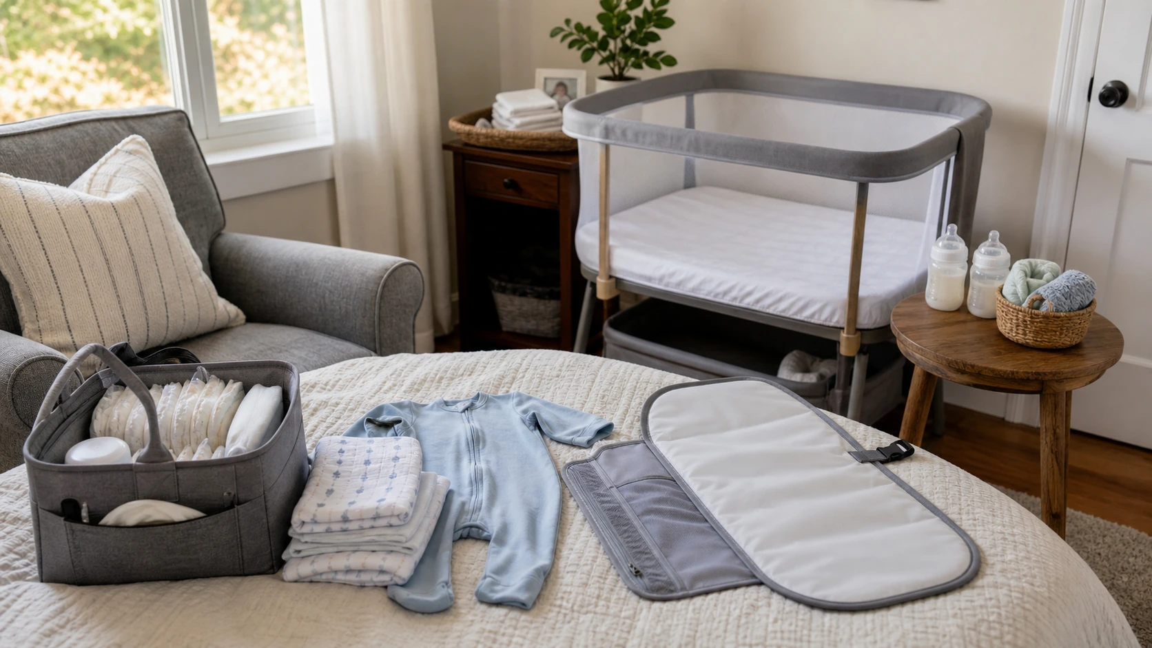 Newborn essentials for grandparents house with bassinet diaper caddy portable changing pad burp cloths baby bottles and washcloths