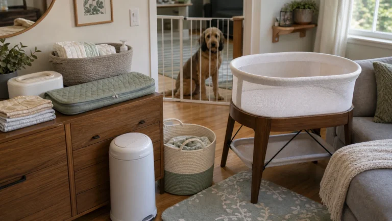 Newborn essentials for pets at home with bassinet, diaper caddy, changing pad, lidded diaper pail, laundry basket, and dog behind baby gate