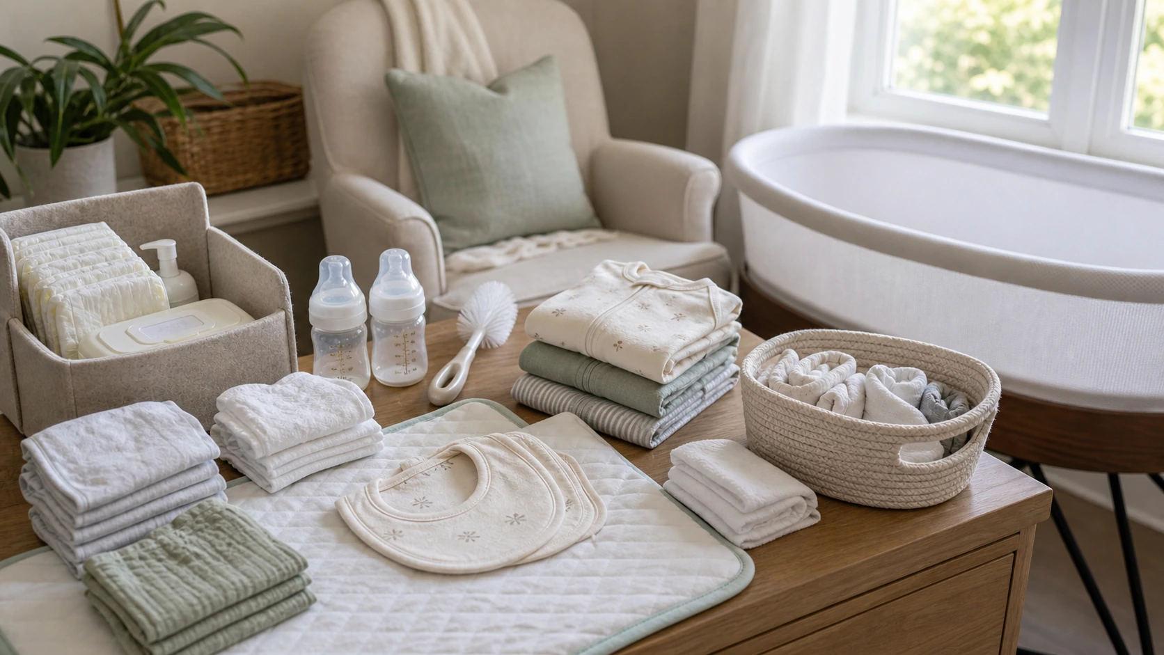 Newborn essentials for reflux baby arranged with burp cloths bibs bottles and cleanup supplies