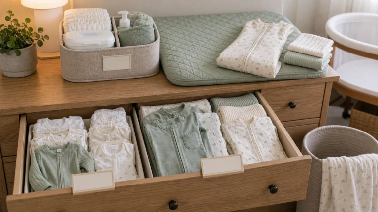 Newborn essentials for second baby organized in a nursery dresser with diapers, wipes, baby clothes, and a changing pad