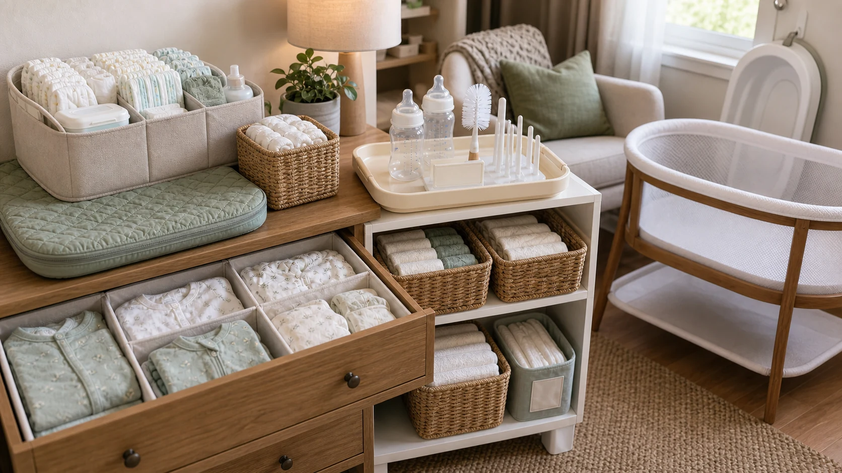 Newborn essentials storage ideas with diaper caddy, drawer dividers, baskets, bottle cleaning tray, and clear bassinet