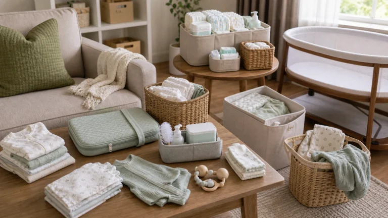 Newborn essentials taking over house with diaper caddy, portable changing pad, burp cloths, baby clothes, storage bins, and clear bassinet