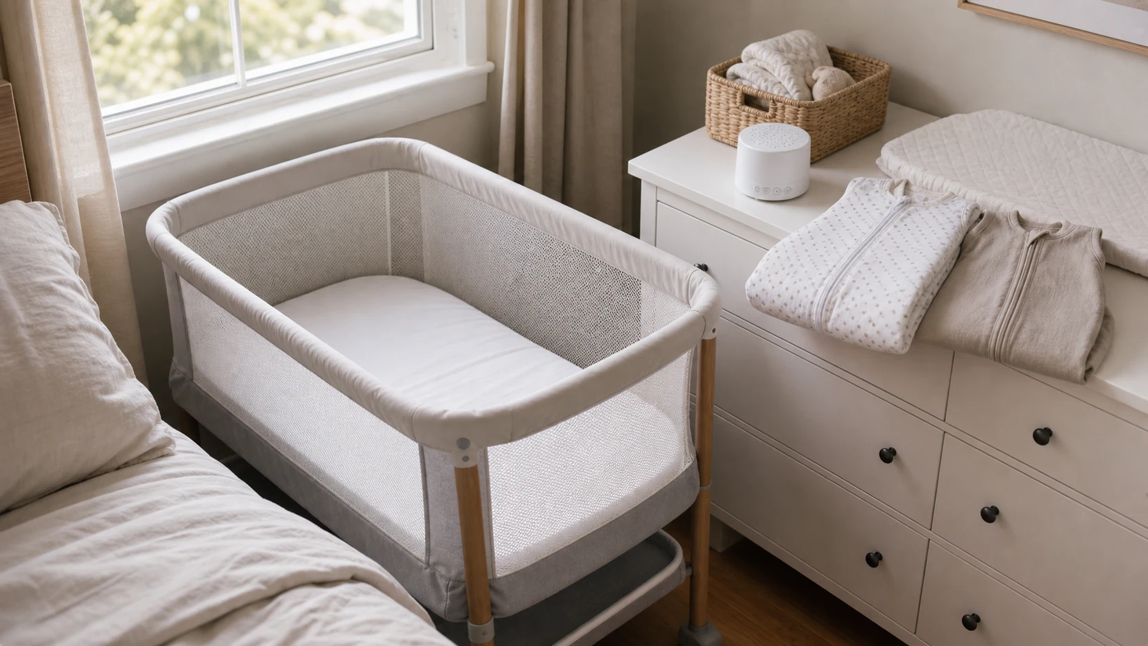 Newborn sleep setup not working with empty bassinet, swaddle sack, sleep sack, and white noise machine in a nursery