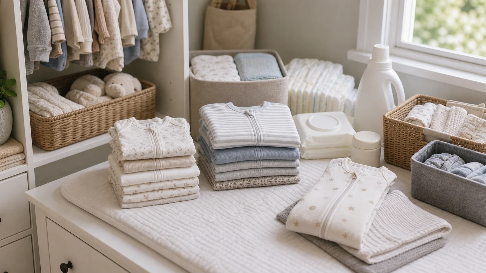 How to rotate newborn essentials by month with baby clothes, diapers, wipes, sleep sack, and storage bins in a nursery
