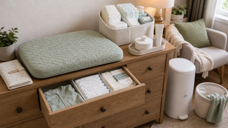 How to set up newborn diaper station with changing pad, diaper caddy, diapers, wipes, diaper cream, backup outfit, and diaper pail