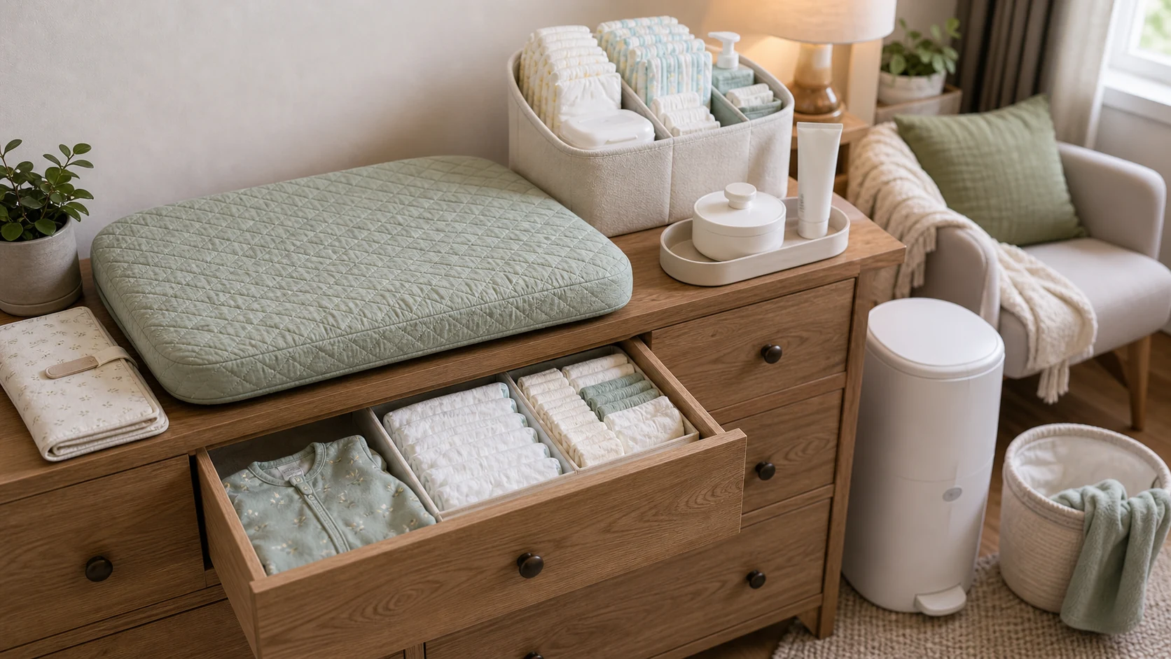 How to set up newborn diaper station with changing pad, diaper caddy, diapers, wipes, diaper cream, backup outfit, and diaper pail