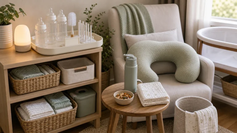 How to set up newborn feeding station with bottles, burp cloths, nursing pillow, night light, parent water, snacks, and cleanup basket