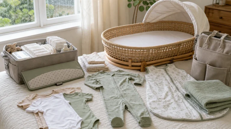 Spring newborn essentials with bodysuits zipper sleepers light sleep sack portable changing pad diaper caddy burp cloths and rain-ready diaper bag