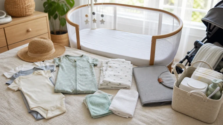 Summer newborn essentials with lightweight bodysuits sleep sack burp cloths washcloths portable changing pad sun hat diapers and wipes